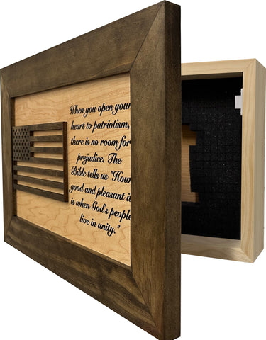 American Flag & Patriotism Decorative & Secure Wall-Mounted Gun Cabinet (Jacobean & Natural) American Flag & Patriotism Decorative & Secure Wall-Mounted Gun Cabinet (Jacobean & Natural)