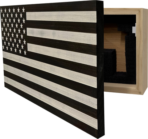 American Flag Decorative & Secure Wall-Mounted Gun Cabinet (Black & White Distressed) American Flag Decorative & Secure Wall-Mounted Gun Cabinet (Black & White Distressed)