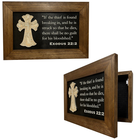 Decorative Gun Cabinet Wall-Mounted & Secure with a Cross and Exodus 22:2 - Gun safe To Securely Store Your Gun & Home Self Defense Gear Decorative Gun Cabinet Wall-Mounted & Secure with a Cross and Exodus 22:2 - Gun safe To Securely Store Your Gun & Home Self Defense Gear