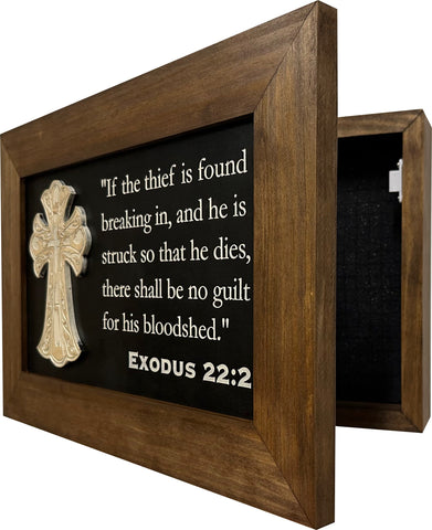 Decorative Gun Cabinet Wall-Mounted & Secure with a Cross and Exodus 22:2 - Gun safe To Securely Store Your Gun & Home Self Defense Gear Decorative Gun Cabinet Wall-Mounted & Secure with a Cross and Exodus 22:2 - Gun safe To Securely Store Your Gun & Home Self Defense Gear