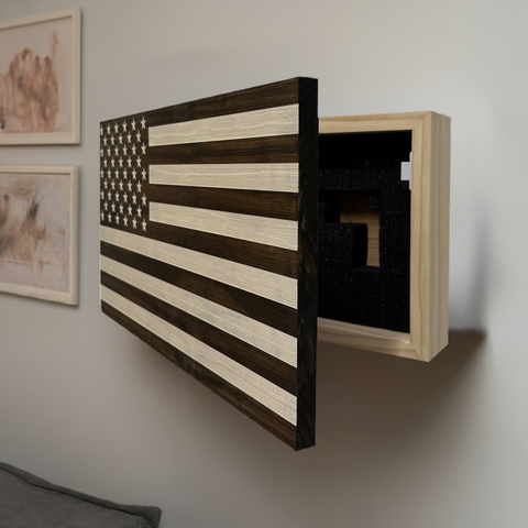 American Flag Decorative & Secure Wall-Mounted Gun Cabinet (Dark Walnut) American Flag Decorative & Secure Wall-Mounted Gun Cabinet (Dark Walnut)