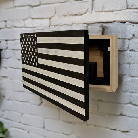 American Flag Decorative & Secure Wall-Mounted Gun Cabinet (Black & White Distressed) American Flag Decorative & Secure Wall-Mounted Gun Cabinet (Black & White Distressed)