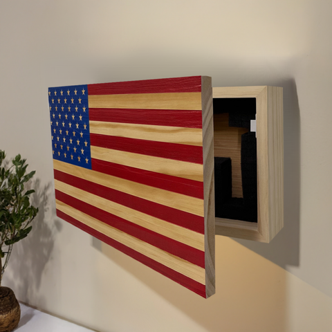 American Flag Decorative & Secure Wall-Mounted Gun Cabinet (Red & Blue) American Flag Decorative & Secure Wall-Mounted Gun Cabinet (Red & Blue)