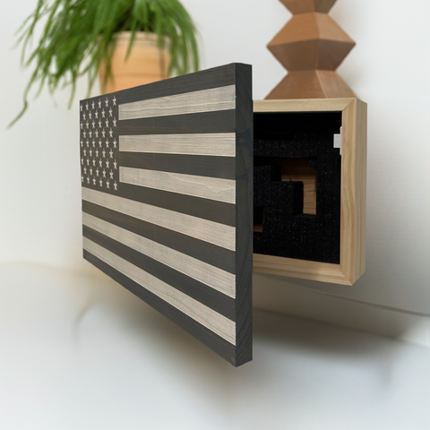 American Flag Decorative & Secure Wall-Mounted Gun Cabinet (Gray & White) American Flag Decorative & Secure Wall-Mounted Gun Cabinet (Gray & White)