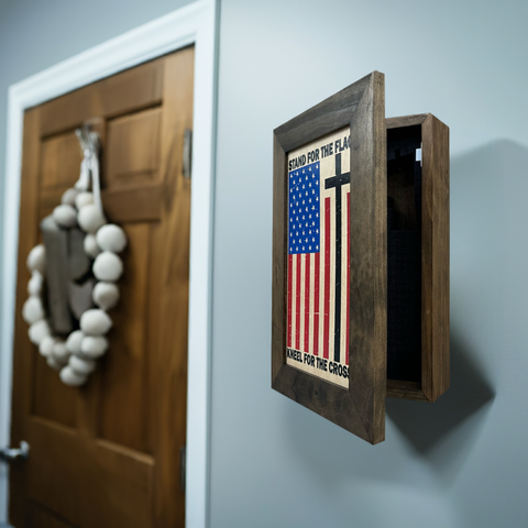 American Flag Hidden Gun Storage Cabinet - Stand For The Flag, Kneel For The Cross Concealed Gun Storage American Flag Hidden Gun Storage Cabinet - Stand For The Flag, Kneel For The Cross Concealed Gun Storage