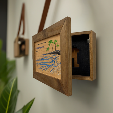 Bible Verse Decorative & Secure Wall-Mounted Gun Cabinet - Matthew 11:28 and Coastal Scene Bible Verse Decorative & Secure Wall-Mounted Gun Cabinet - Matthew 11:28 and Coastal Scene