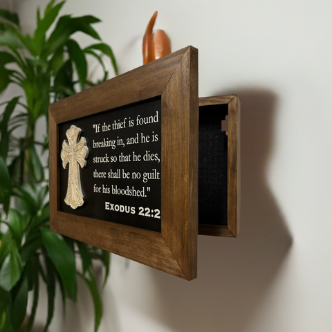 Decorative Gun Cabinet Wall-Mounted & Secure with a Cross and Exodus 22:2 - Gun safe To Securely Store Your Gun & Home Self Defense Gear Decorative Gun Cabinet Wall-Mounted & Secure with a Cross and Exodus 22:2 - Gun safe To Securely Store Your Gun & Home Self Defense Gear