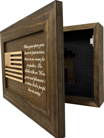 American Flag & Patriotism Decorative & Secure Wall-Mounted Gun Cabinet (Jacobean) American Flag & Patriotism Decorative & Secure Wall-Mounted Gun Cabinet (Jacobean)