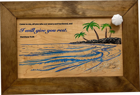 Bible Verse Decorative & Secure Wall-Mounted Gun Cabinet - Matthew 11:28 and Coastal Scene Bible Verse Decorative & Secure Wall-Mounted Gun Cabinet - Matthew 11:28 and Coastal Scene