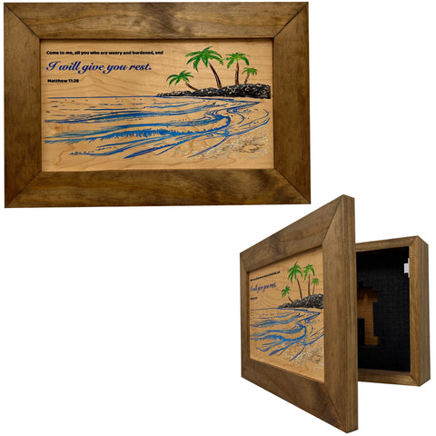 Bible Verse Decorative & Secure Wall-Mounted Gun Cabinet - Matthew 11:28 and Coastal Scene Bible Verse Decorative & Secure Wall-Mounted Gun Cabinet - Matthew 11:28 and Coastal Scene