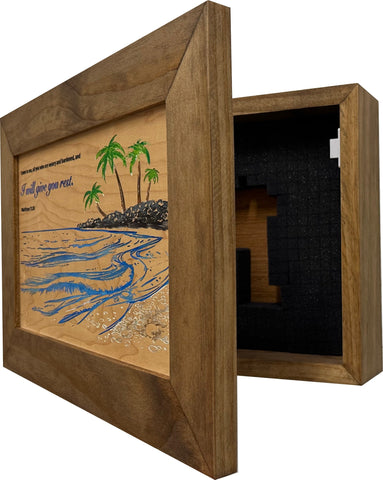 Bible Verse Decorative & Secure Wall-Mounted Gun Cabinet - Matthew 11:28 and Coastal Scene Bible Verse Decorative & Secure Wall-Mounted Gun Cabinet - Matthew 11:28 and Coastal Scene