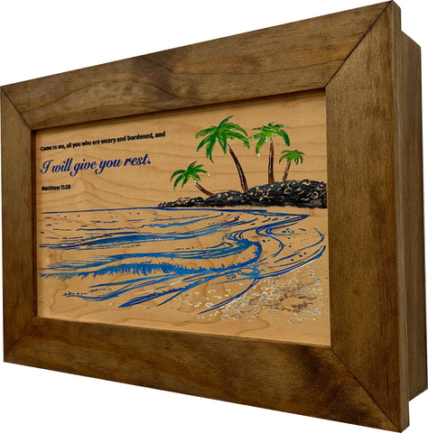 Bible Verse Decorative & Secure Wall-Mounted Gun Cabinet - Matthew 11:28 and Coastal Scene Bible Verse Decorative & Secure Wall-Mounted Gun Cabinet - Matthew 11:28 and Coastal Scene