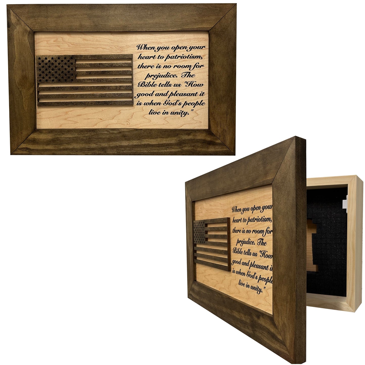 American Flag & Patriotism Decorative & Secure Wall-Mounted Gun Cabinet (Jacobean & Natural)