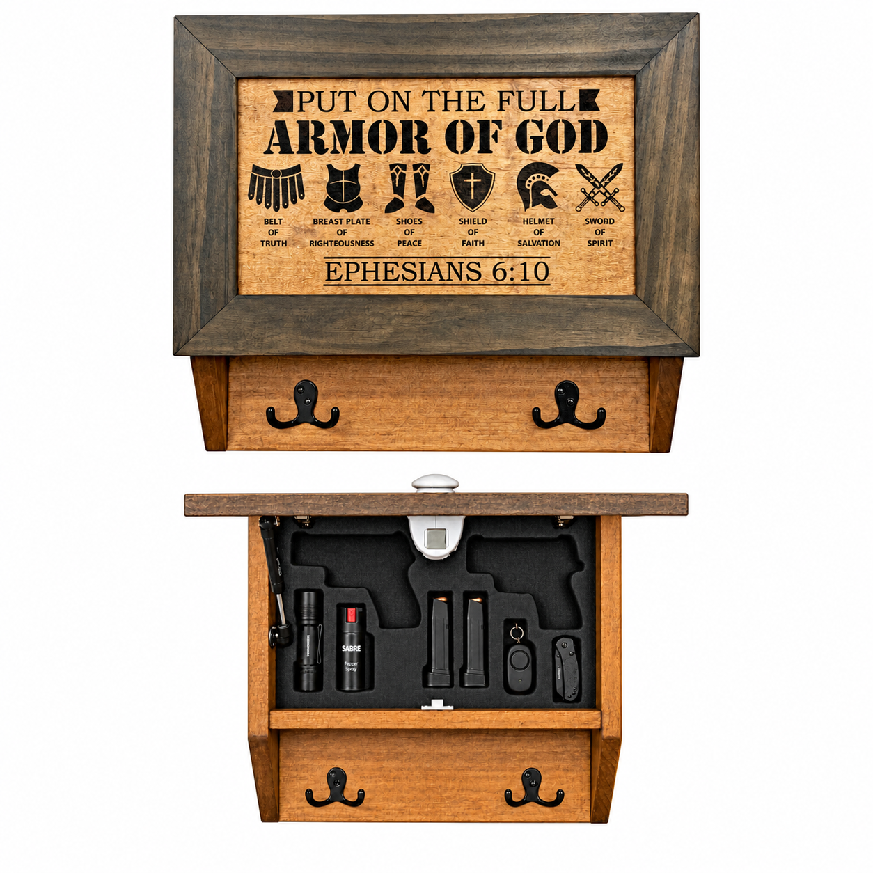 Hidden Gun Cabinet Put On The Full Armor Of God, Secure Concealed Ephesians 6:10 Gun Safe by Bellewood Designs