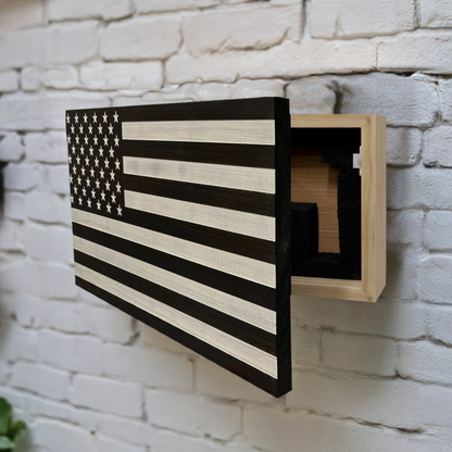 American Flag Decorative & Secure Wall-Mounted Gun Cabinet (Black & White Distressed)