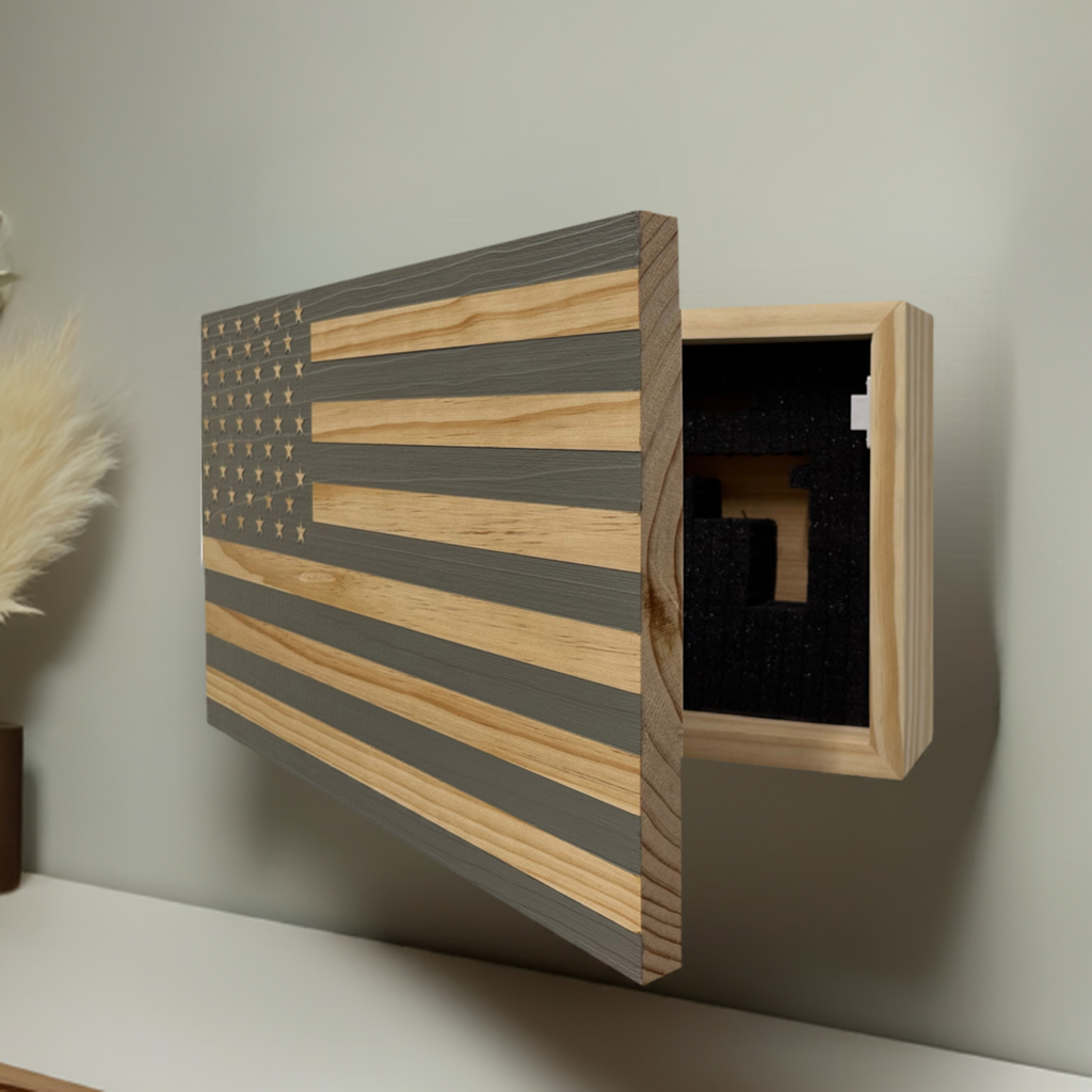 American Flag Decorative & Secure Wall-Mounted Gun Cabinet (Gray)