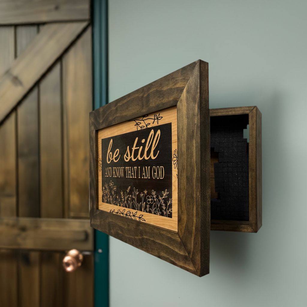 Bible Verse Decorative & Secure Wall-Mounted Gun Cabinet - Be Still and Know That I am God Psalm 46:10 Gun Safe