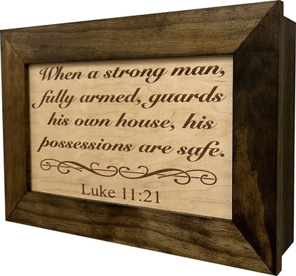 Wood Gun Cabinet Bible Verse Luke 11:21 Wall Decoration - Hidden Gun Safe To Securely Store Your Gun In Plain Sight by Bellewood Designs