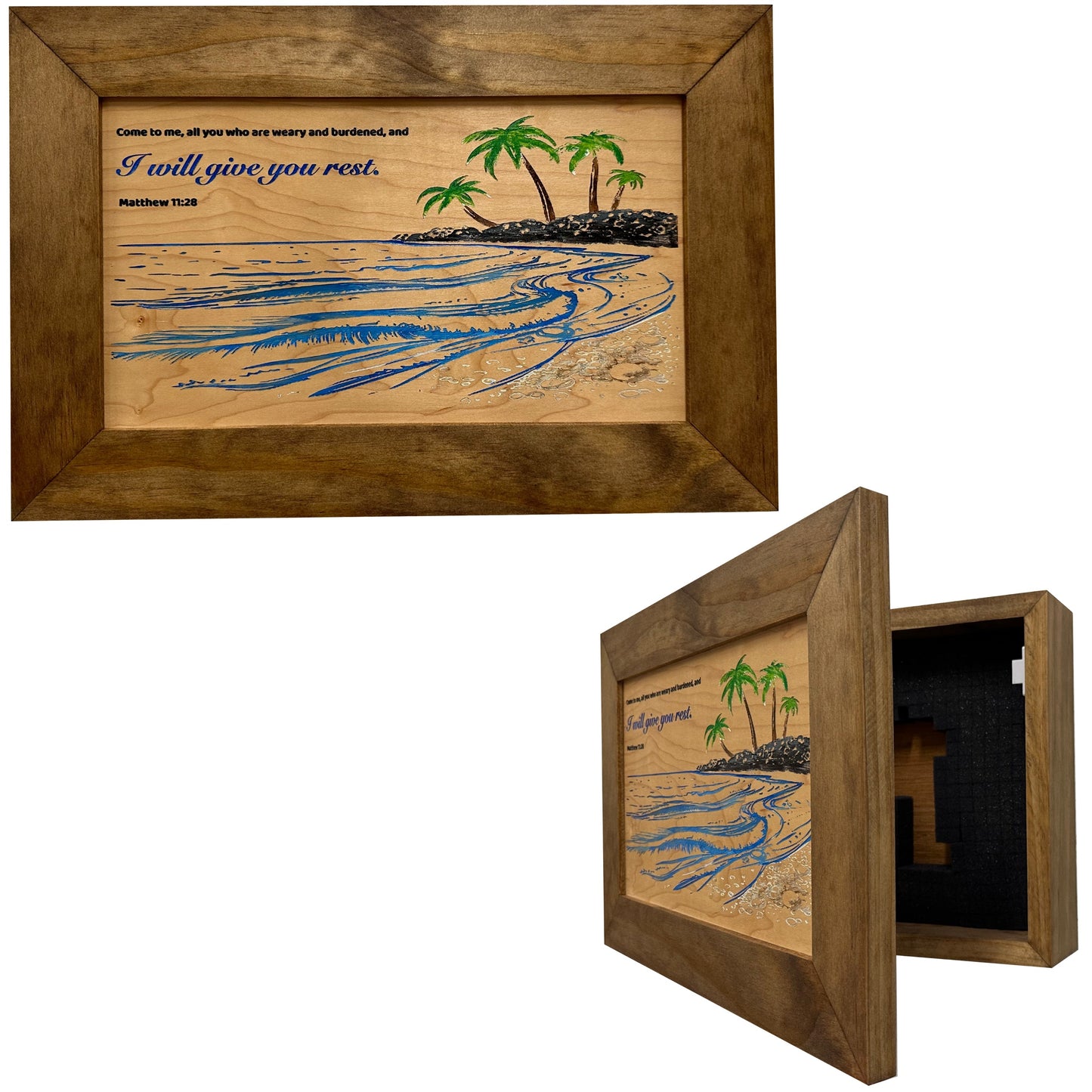 Bible Verse Decorative & Secure Wall-Mounted Gun Cabinet - Matthew 11:28 and Coastal Scene